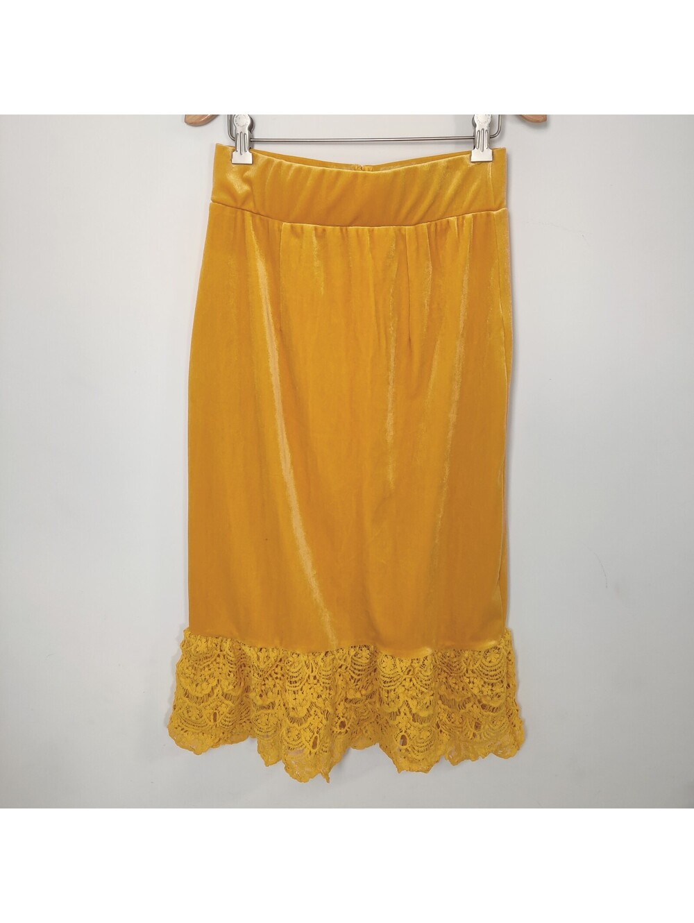 Mustard Marigold Yellow Velvet High Waist Crochet Lace Trim Midi Pencil Skirt S